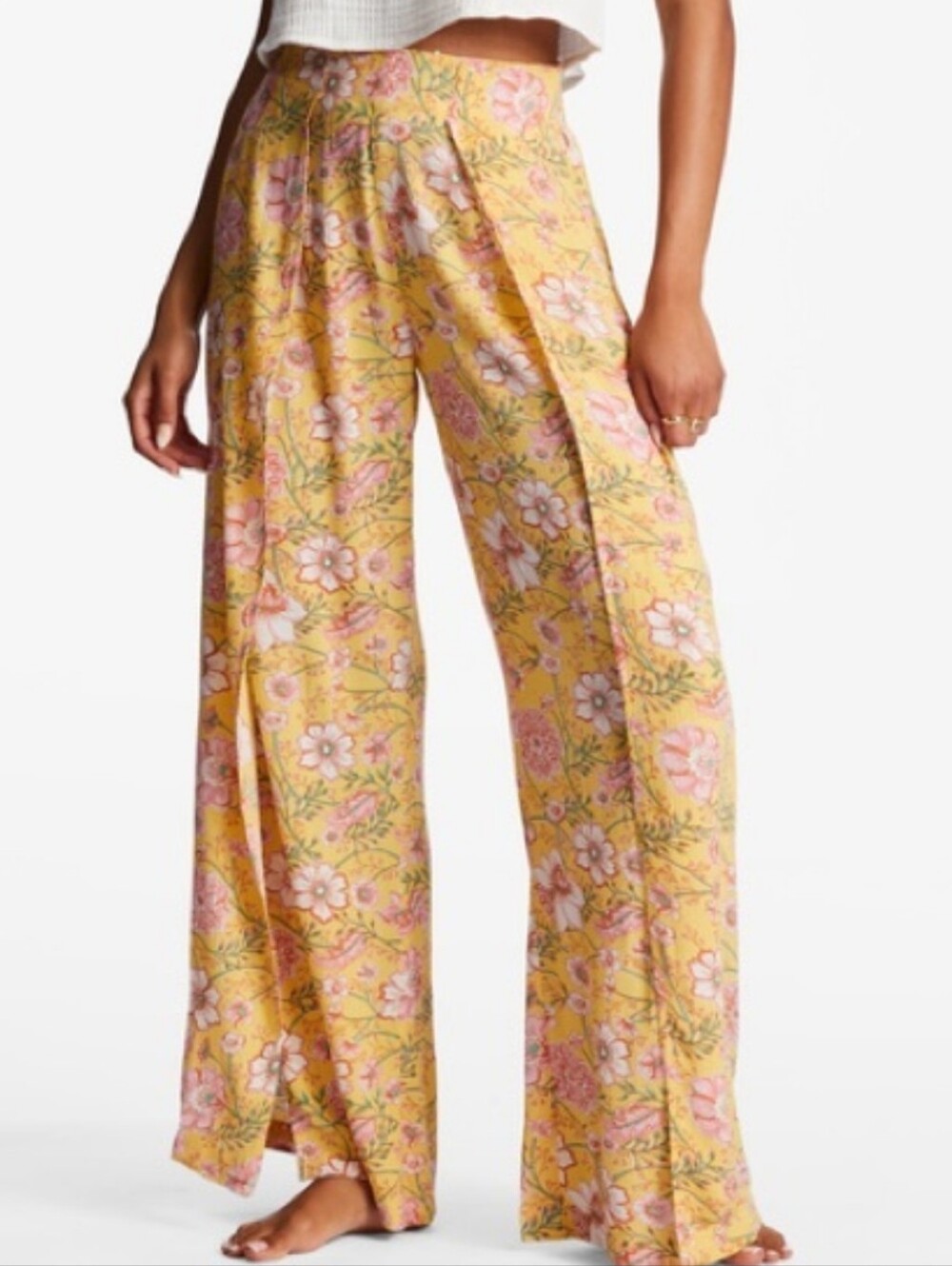 Billabong Mustard Yellow Floral Split Front Pants, Size Small